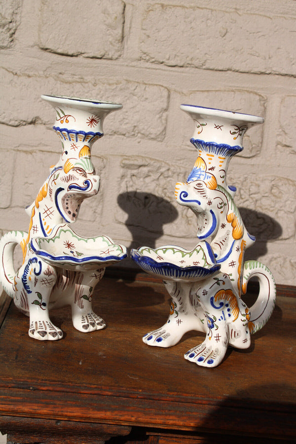 PAIR antique french faience Dragon chimaera figural candle holder candlestick