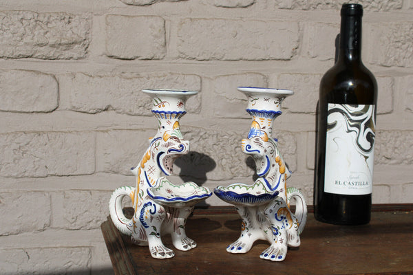 PAIR antique french faience Dragon chimaera figural candle holder candlestick