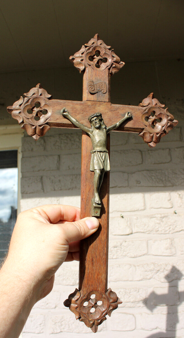 Antique french wood carved wall crucifix religious