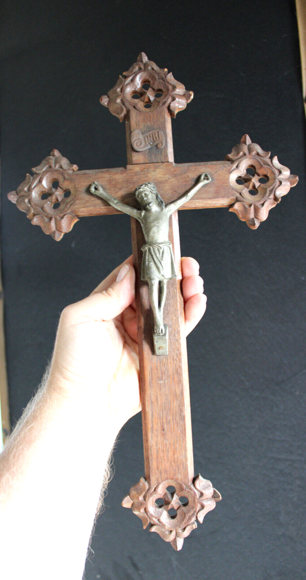 Antique french wood carved wall crucifix religious