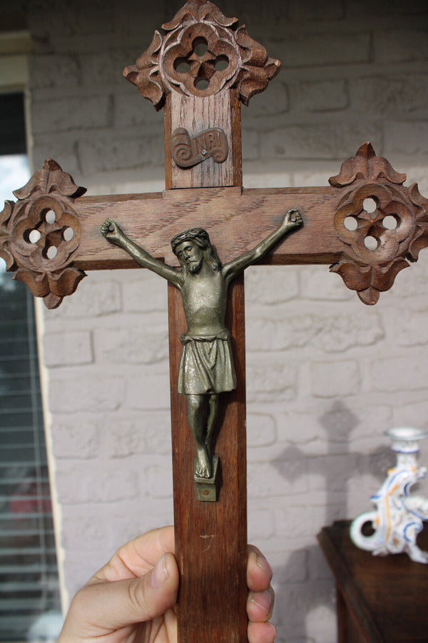 Antique french wood carved wall crucifix religious