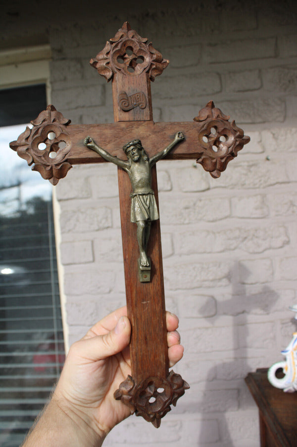 Antique french wood carved wall crucifix religious