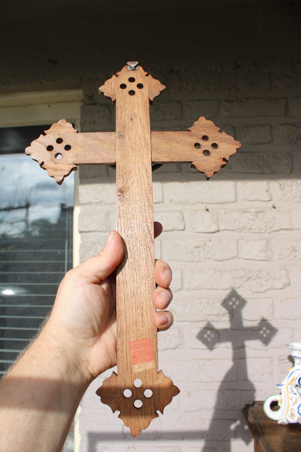 Antique french wood carved wall crucifix religious