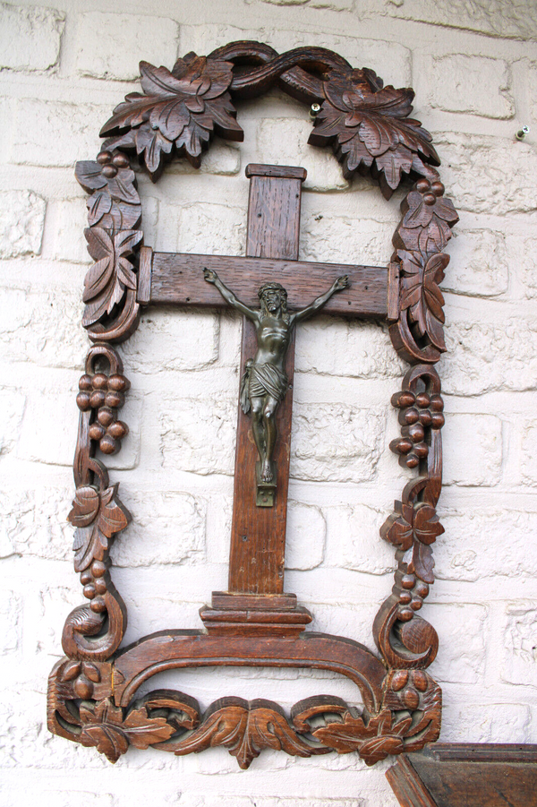 Antique black forest wood carved large crucifix wall religious