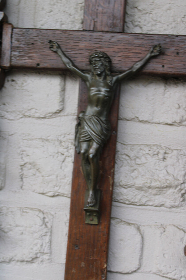 Antique black forest wood carved large crucifix wall religious