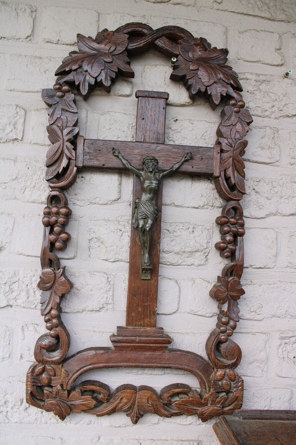 Antique black forest wood carved large crucifix wall religious