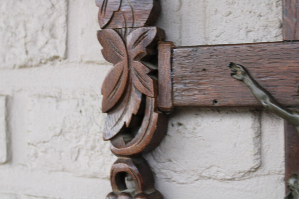 Antique black forest wood carved large crucifix wall religious