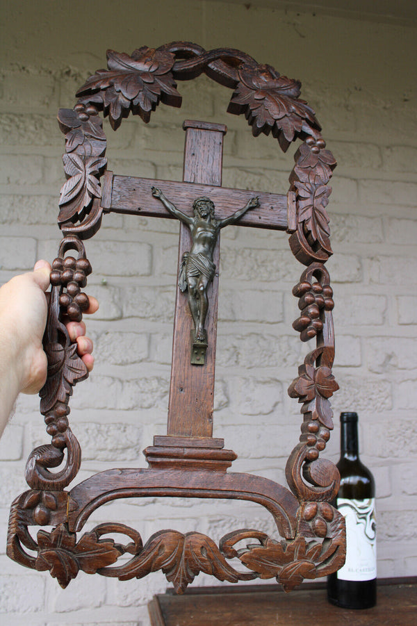 Antique black forest wood carved large crucifix wall religious