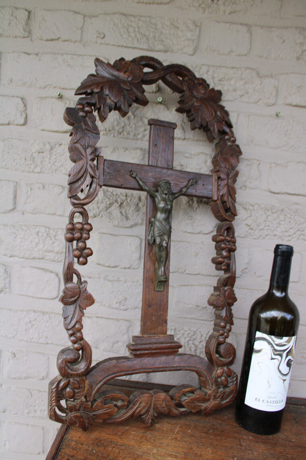 Antique black forest wood carved large crucifix wall religious