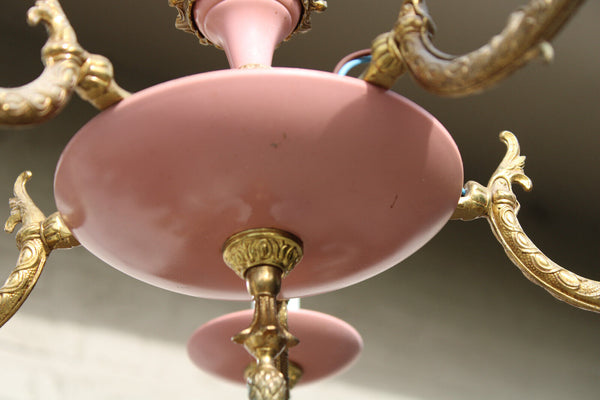 Vintage 1970 Metal pink 5 arm chandelier lamp