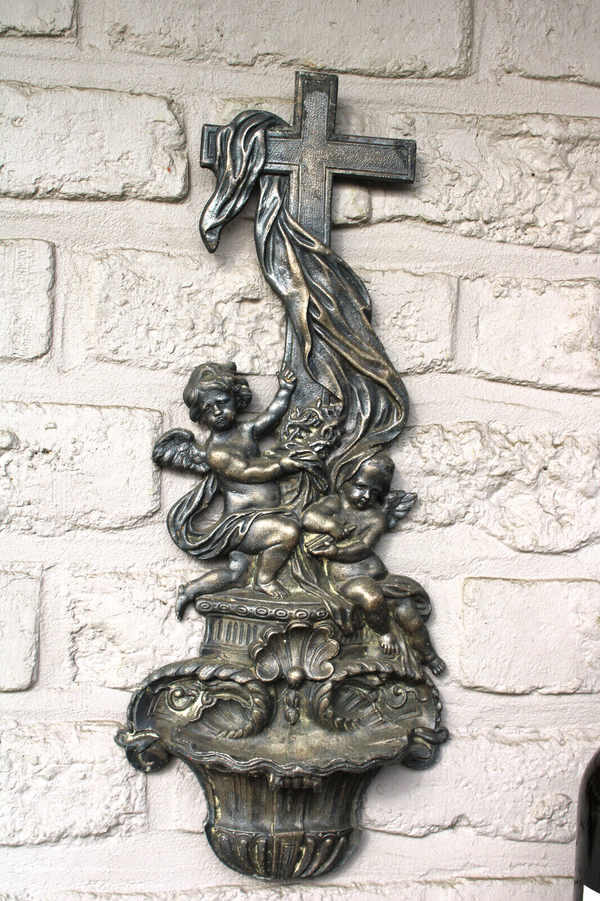 Antique cast iron putti angels wall holy water font crucifix