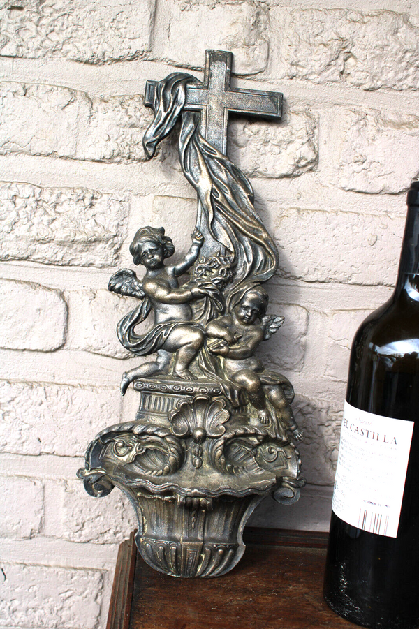 Antique cast iron putti angels wall holy water font crucifix