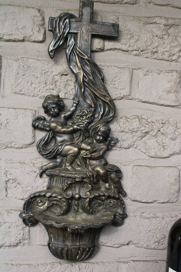 Antique cast iron putti angels wall holy water font crucifix