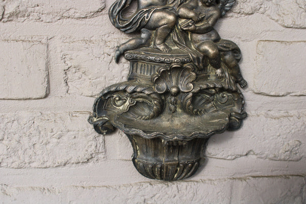 Antique cast iron putti angels wall holy water font crucifix
