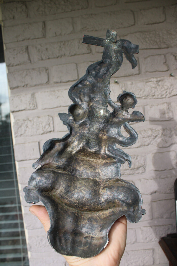 Antique cast iron putti angels wall holy water font crucifix