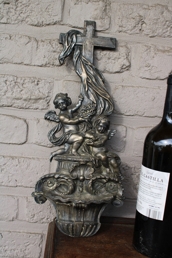 Antique cast iron putti angels wall holy water font crucifix