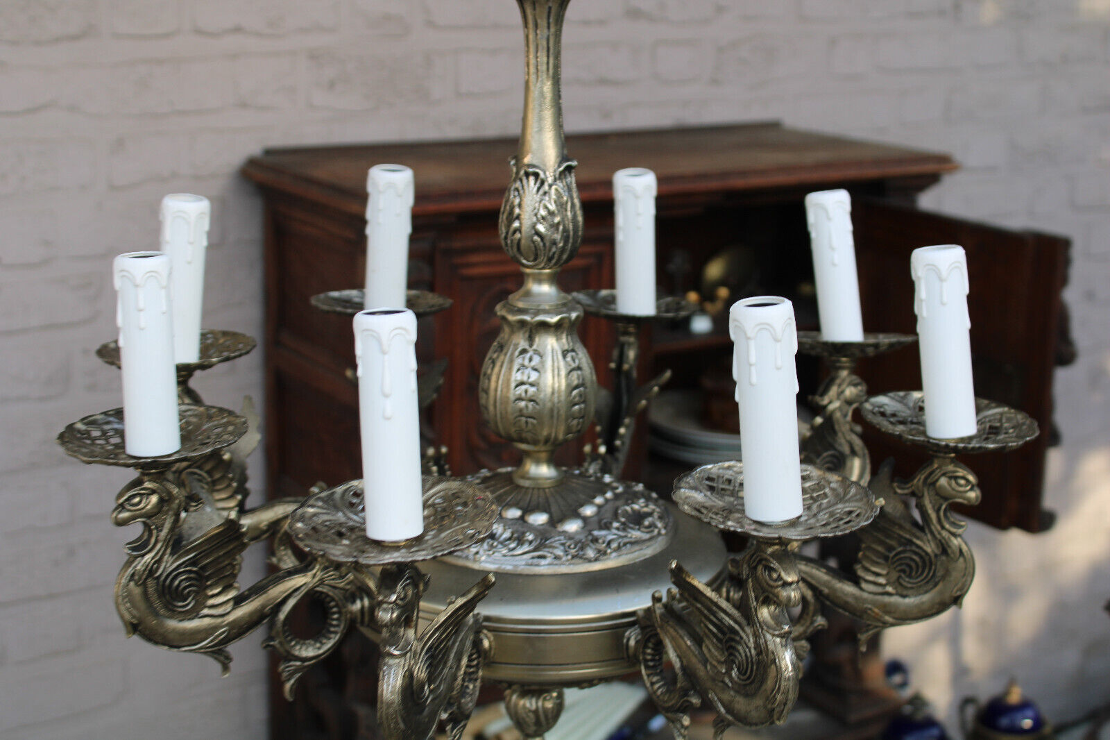 Antique Brass Arm Grey Cylinder Shaded Candle Vintage Chandelier