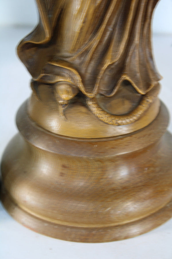 Antique wood carved madonna child snake religious statue sculpture