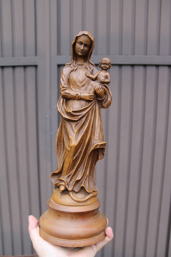 Antique wood carved madonna child snake religious statue sculpture