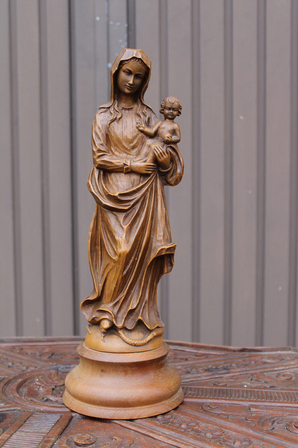 Antique wood carved madonna child snake religious statue sculpture