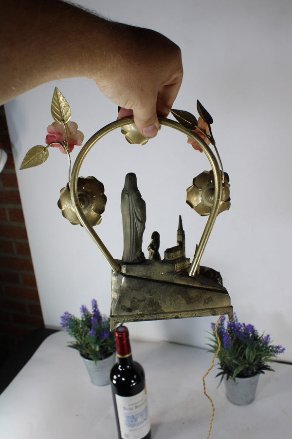 Antique spelter metal LOURDES  music box statue with lamps flowers rare