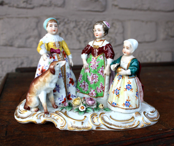 Antique 18thc HOCHST german porcelain mark statue group girls with dog signed