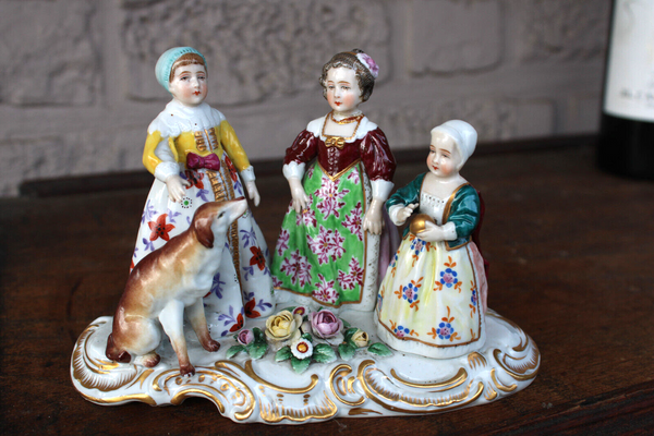 Antique 18thc HOCHST german porcelain mark statue group girls with dog signed