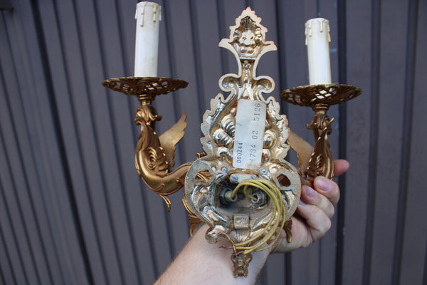 PAIR vintage brass dragon gold wall lights sconces 1970