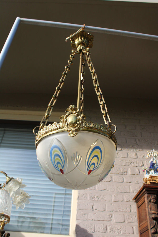 Antique belgian crystal glass bowl enamel coloured pendant lamp chandelier