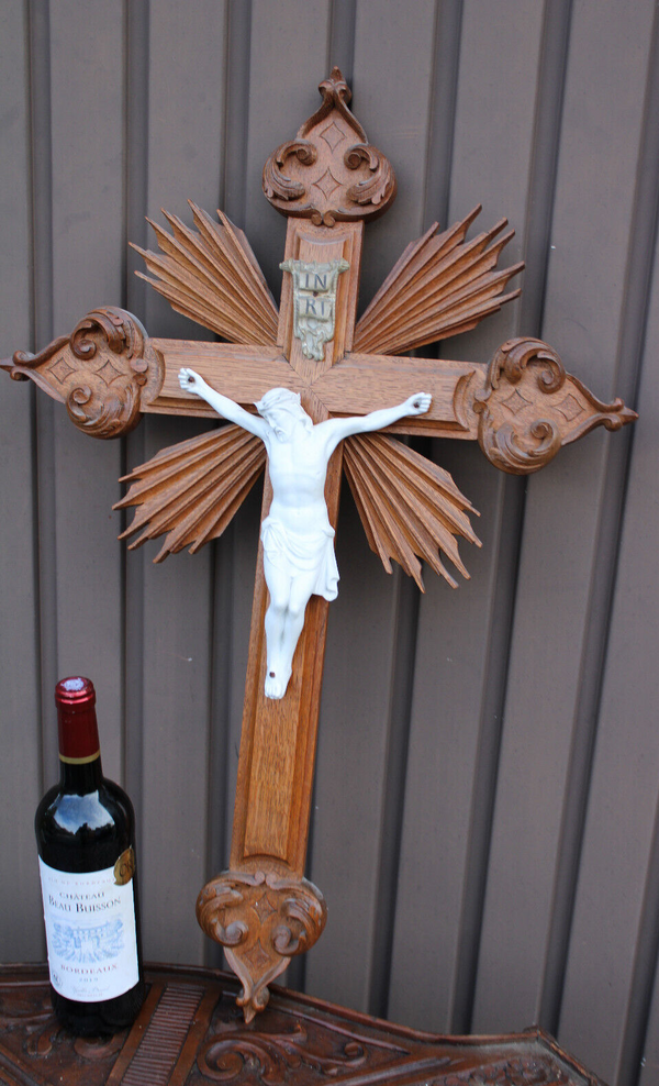 Antique Belgian wood carved crucifix bisque porcelain corpus christ rare church