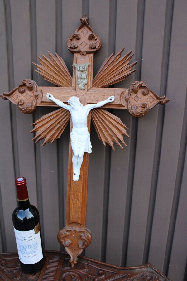 Antique Belgian wood carved crucifix bisque porcelain corpus christ rare church