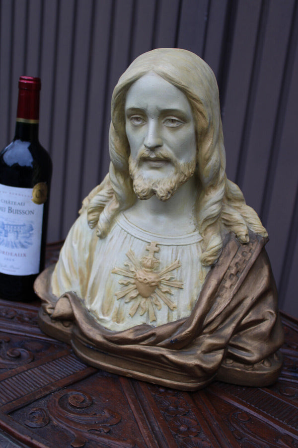 Antique ceramic art deco sacred heart christ bust statue signed