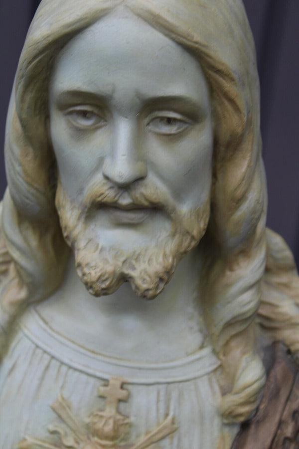 Antique ceramic art deco sacred heart christ bust statue signed