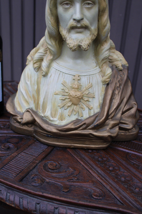 Antique ceramic art deco sacred heart christ bust statue signed