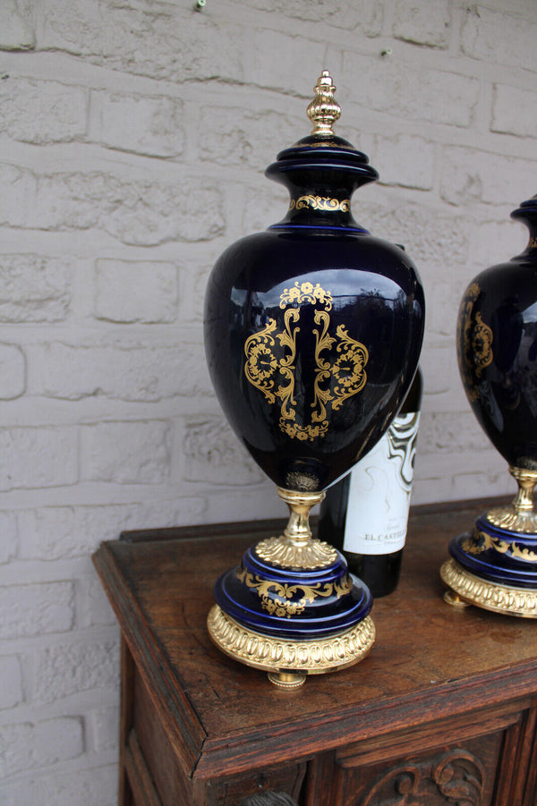 PAIR vintage cobalt blue limoges porcelain decor Victorian scene vases