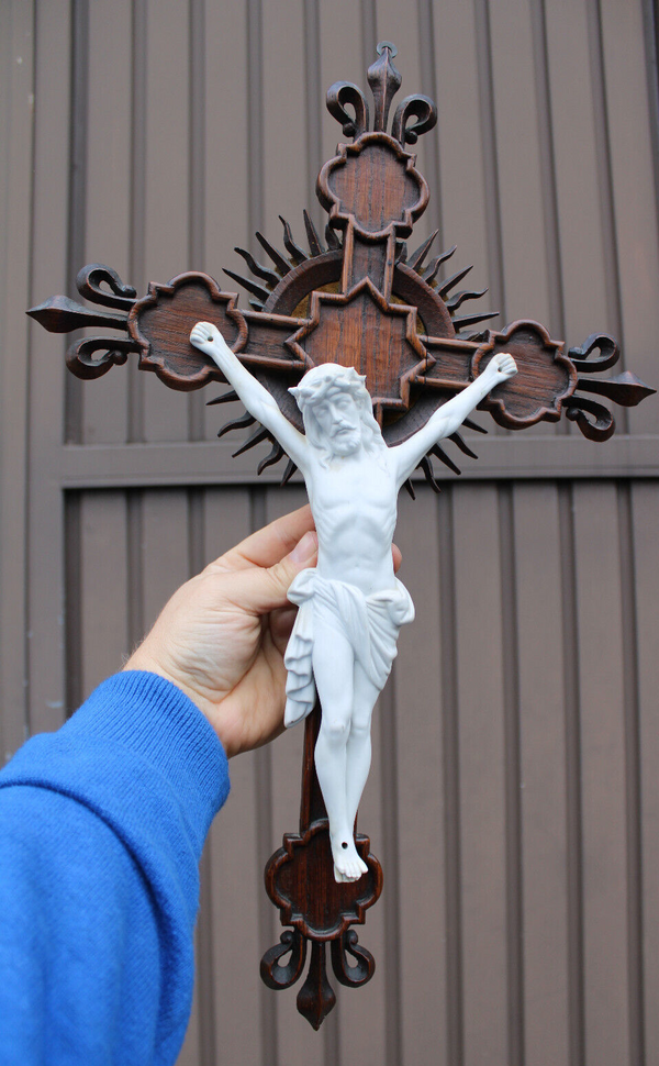 Antique neo gothic wood carved bisque porcelain corpus crucifix fleur lys