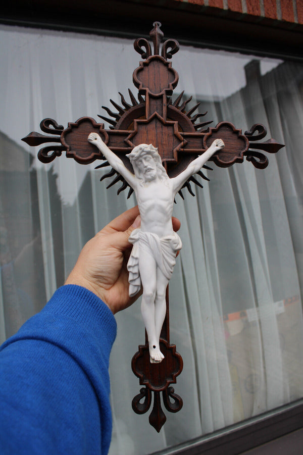 Antique neo gothic wood carved bisque porcelain corpus crucifix fleur lys
