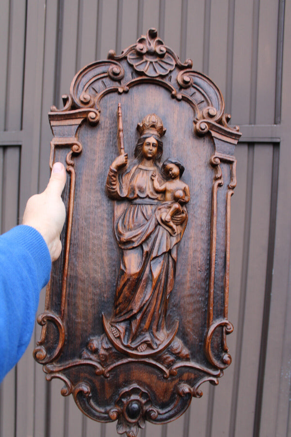 Antique wood carved relief madonna plaque panel religious rare