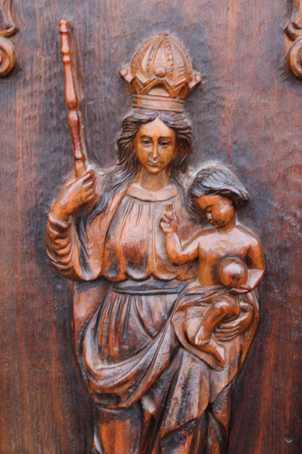 Antique wood carved relief madonna plaque panel religious rare