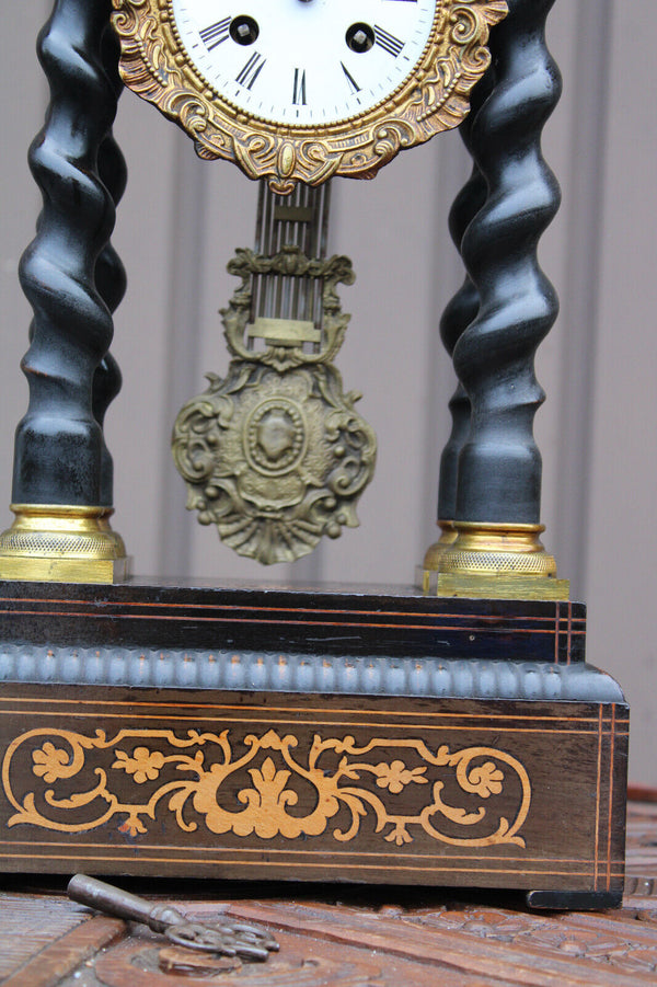 Antique napoleon III wood  column mantel clock inlay