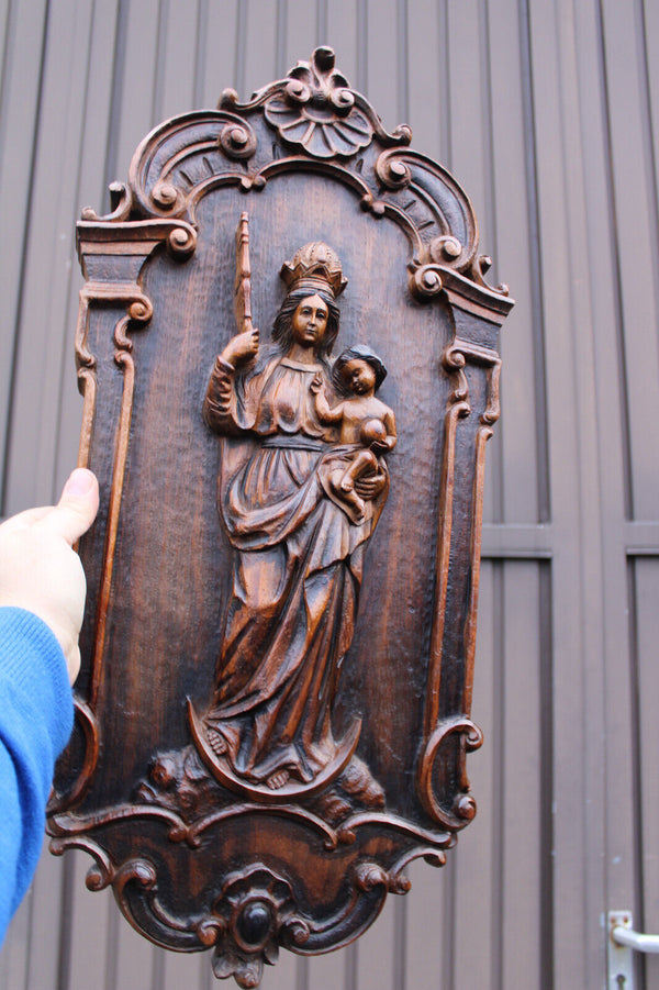 Antique wood carved relief madonna plaque panel religious rare