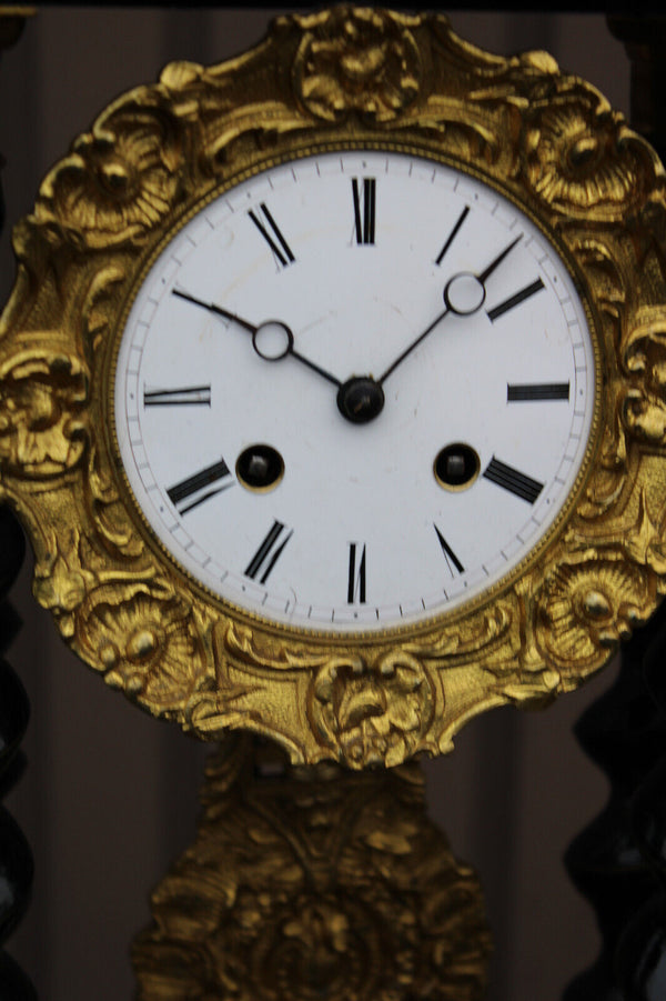 Antique napoleon III wood column mantel clock enamel inlay