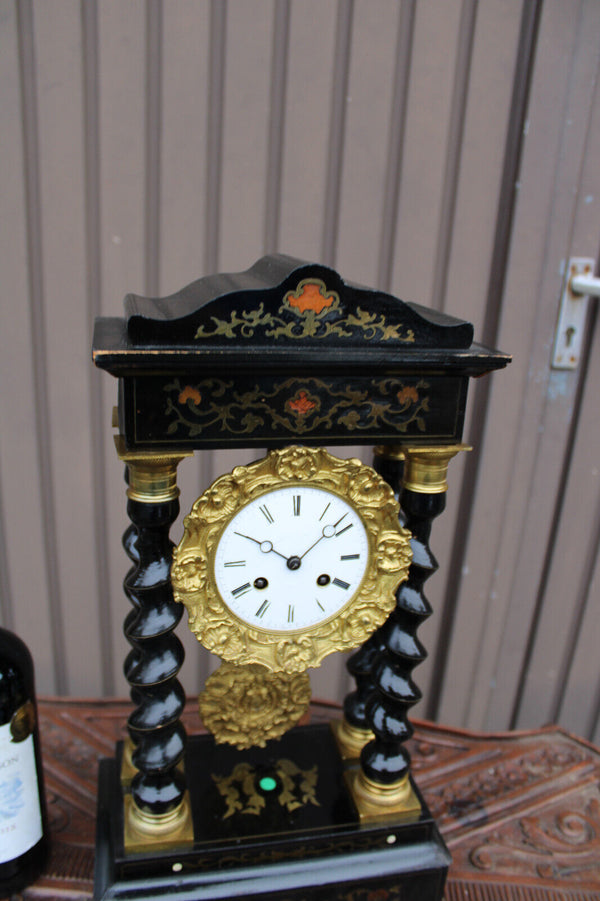 Antique napoleon III wood column mantel clock enamel inlay