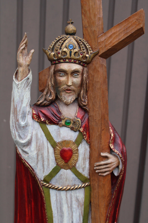 Rare XL wood carved christus christ king crucifix  panel statue signed 1963