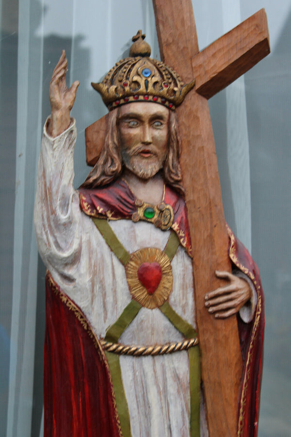 Rare XL wood carved christus christ king crucifix  panel statue signed 1963