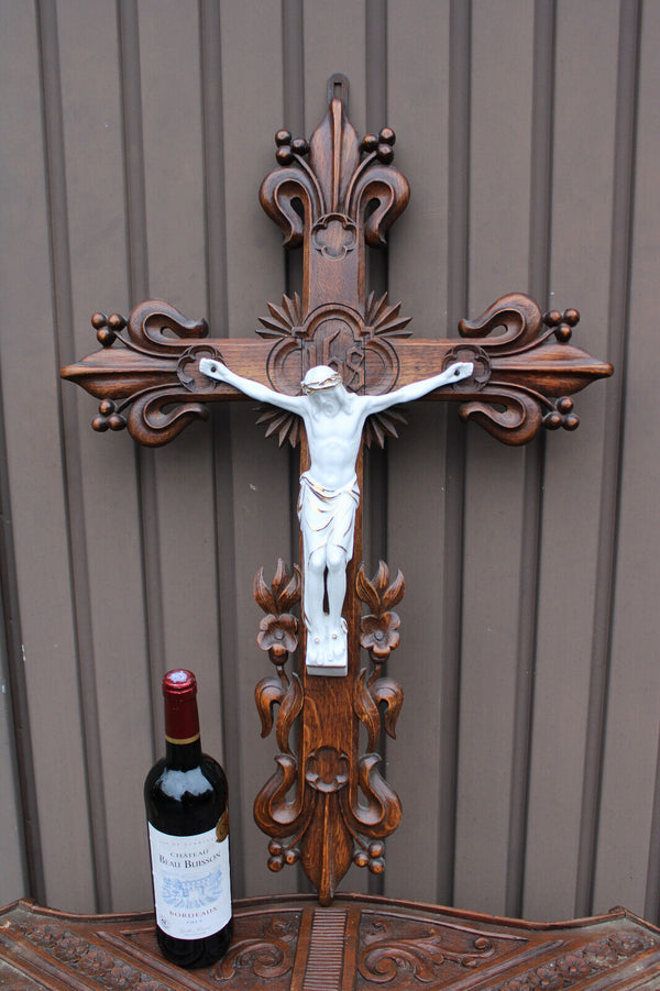 Antique XL wood carved crucifix porcelain corpus fleur de lys neo gothic rare