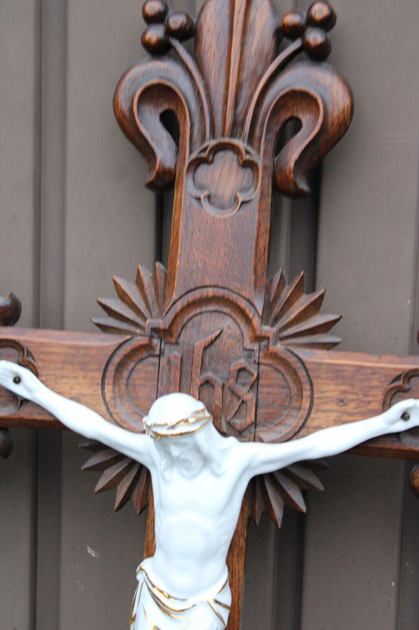 Antique XL wood carved crucifix porcelain corpus fleur de lys neo gothic rare