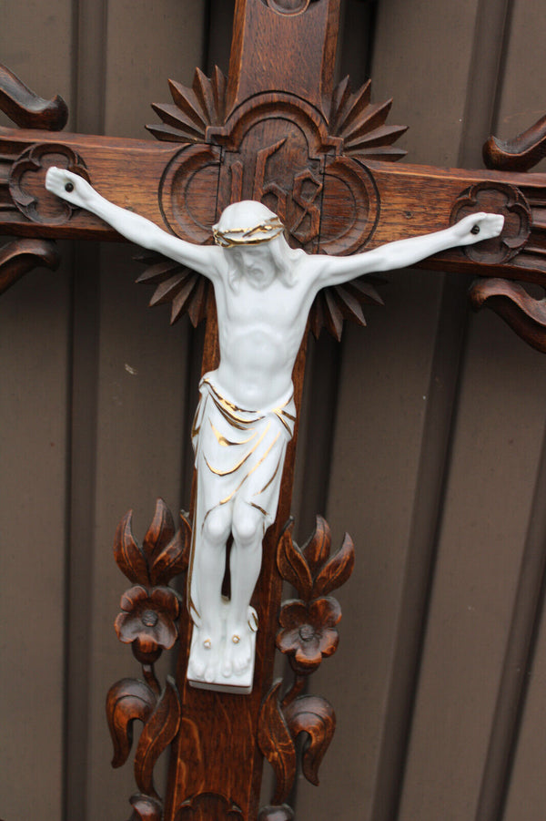 Antique XL wood carved crucifix porcelain corpus fleur de lys neo gothic rare