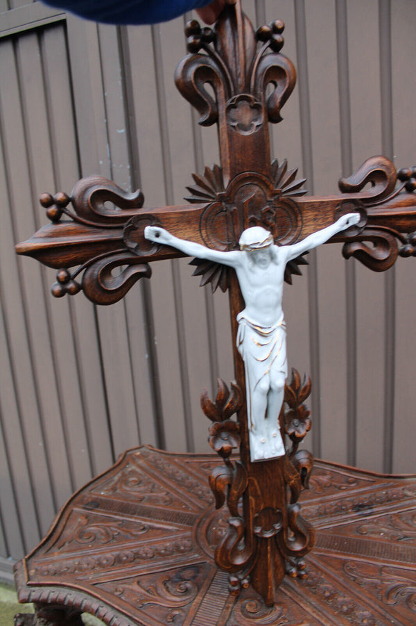 Antique XL wood carved crucifix porcelain corpus fleur de lys neo gothic rare