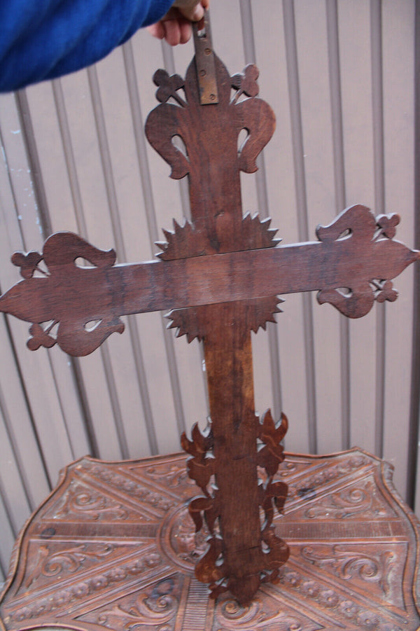 Antique XL wood carved crucifix porcelain corpus fleur de lys neo gothic rare